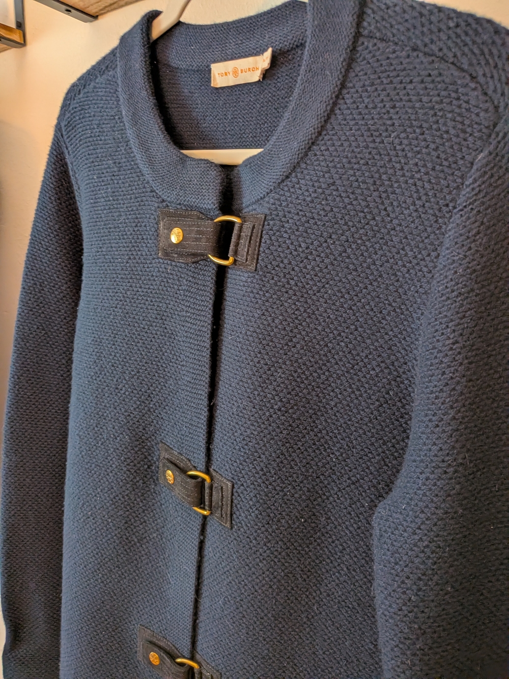 Tory Burch Navy Textured Knit Jacket Cardigan Leather Toggle Gold Hardware XL - Picture 3 of 4